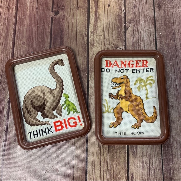 VTG 2 Dinosaur Cross-Stitch Framed Art